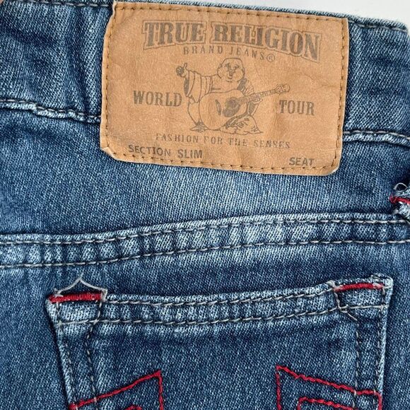 TRUE RELIGION Boys Slim Fit Jeans Size 4 Blue Denim Red Stitching Stretch Zipper - Picture 8 of 12